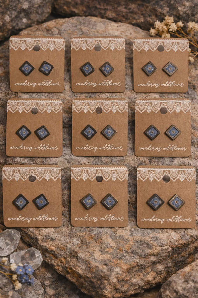 Forget-Me-Not Wildflower Square Stud Earrings | Pressed Flower Botanical Earrings | Handmade Montana Jewelry