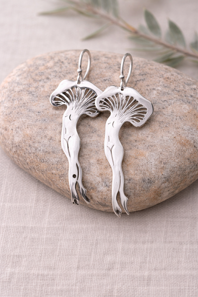 Silver Mushroom Goddess Earrings | Nature Inspired Woodland Dangle Jewelry