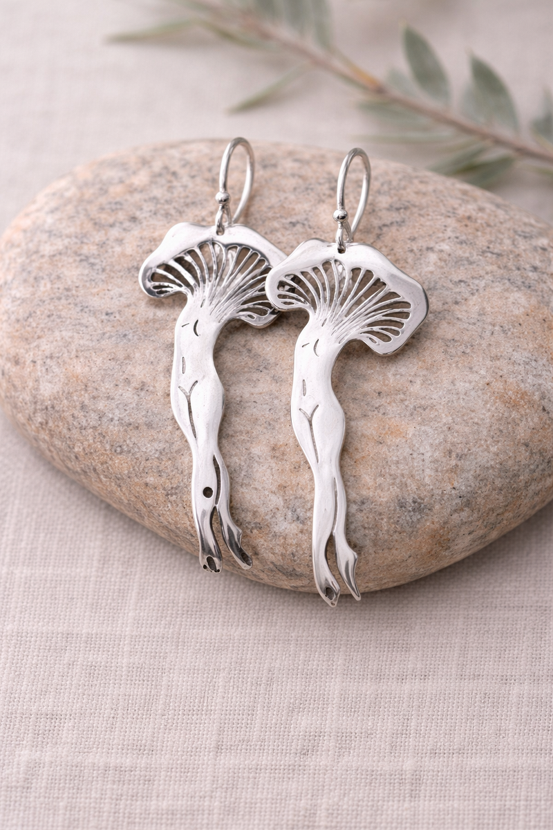Silver Mushroom Goddess Earrings | Nature Inspired Woodland Dangle Jewelry