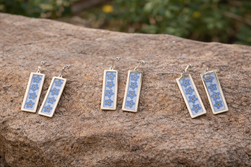 Forget-Me-Not Pressed Flower Rectangular Drop Earrings | Handmade Botanical Jewelry | Montana Wildflower Earrings