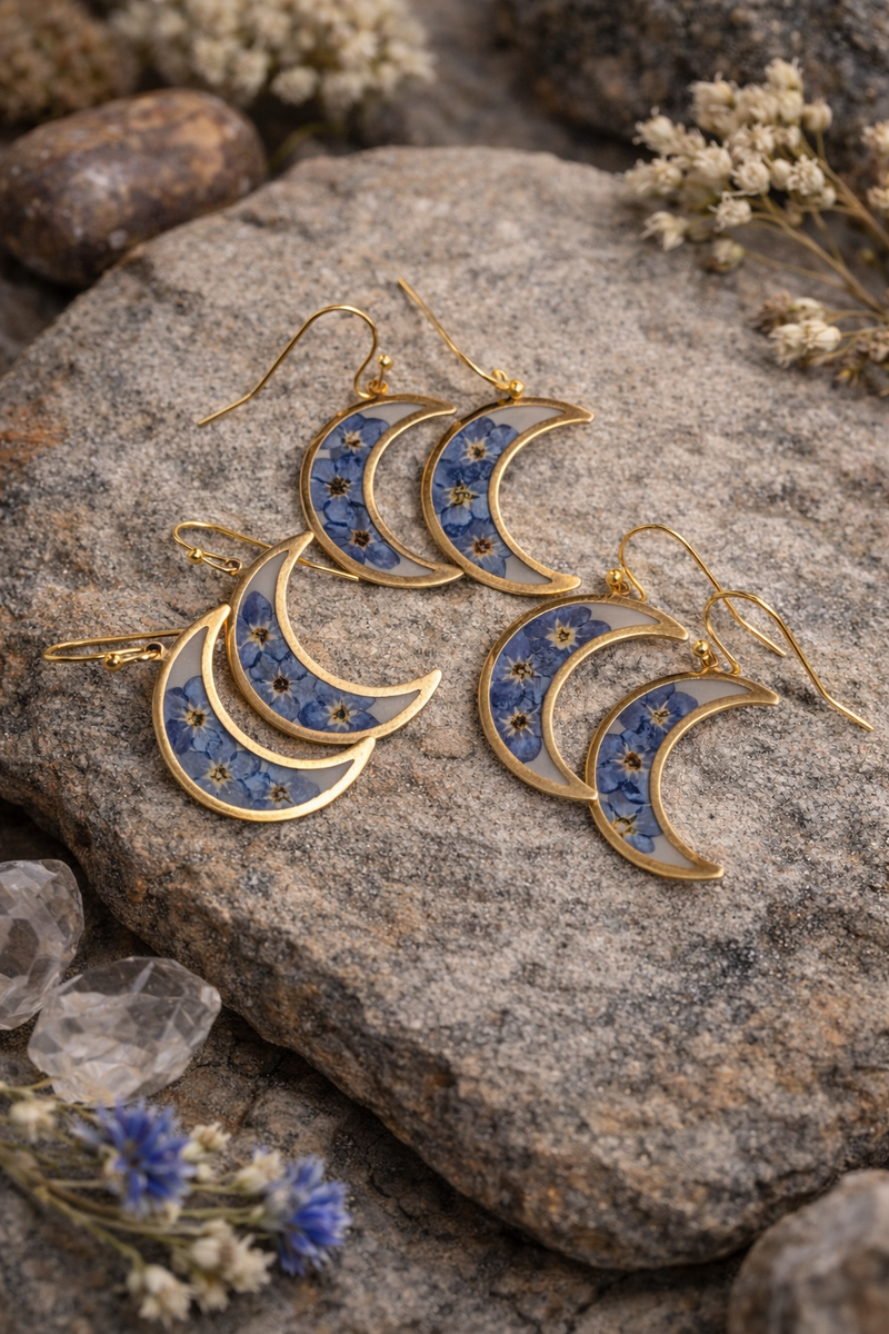 Forget-Me-Not Crescent Moon Earrings | Pressed Flower Botanical Earrings | Handmade Wildflower Moon Jewelry