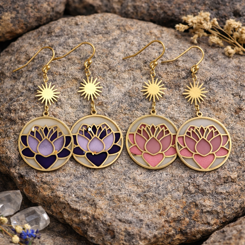 Lotus Flower Sun Earrings | Stained Glass Lotus Drop Earrings | Boho Spiritual Jewelry